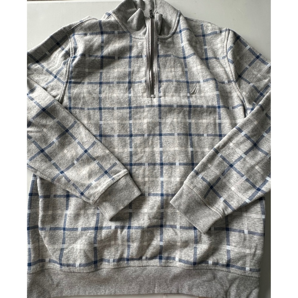 Nautica Mens XL Quarter Zip Pullover Grey Blue Windowpane Plaid Fleece Sweater